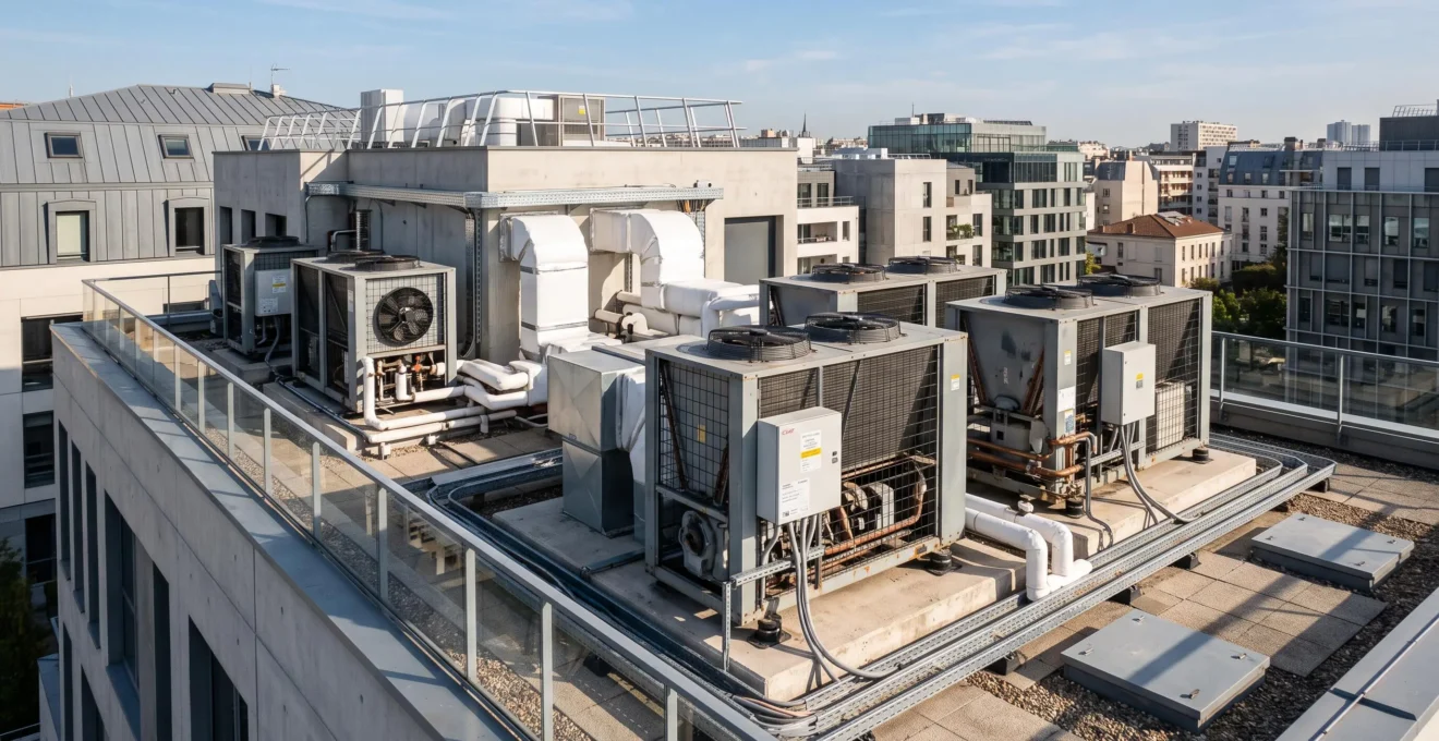 Unités extérieures de pompes à chaleur professionnelles installées sur toiture-terrasse d'un immeuble de bureaux moderne, avec gaines isolées et infrastructure CVC visible