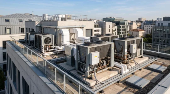Unités extérieures de pompes à chaleur professionnelles installées sur toiture-terrasse d'un immeuble de bureaux moderne, avec gaines isolées et infrastructure CVC visible