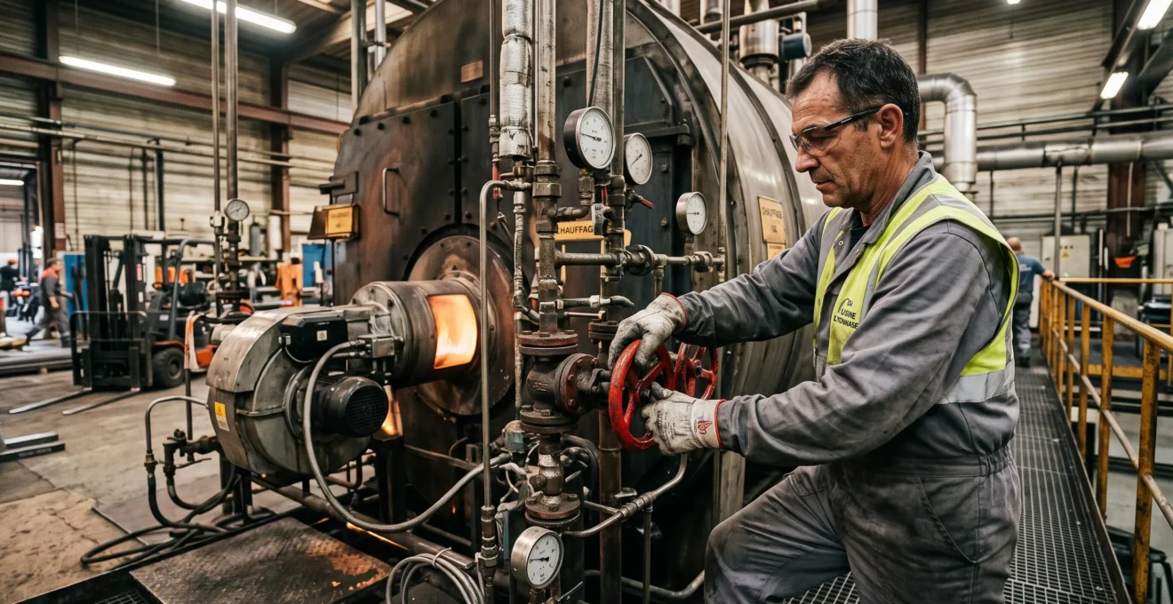 Opérateur ajustant les contrôles d'un équipement industriel fonctionnant au gaz naturel dans un atelier de production.