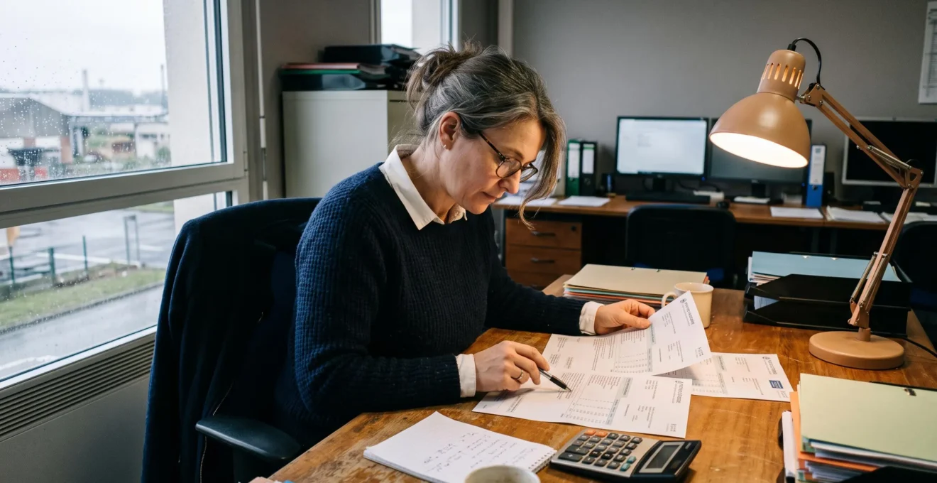 Responsable énergie examinant des factures de gaz naturel et vérifiant les montants de taxation dans un bureau d'entreprise.