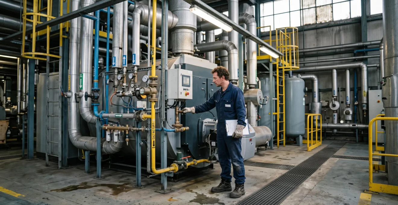 Technicien inspectant un système de chaudière industrielle au gaz naturel dans une installation de fabrication française.