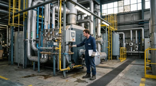 Technicien inspectant un système de chaudière industrielle au gaz naturel dans une installation de fabrication française.