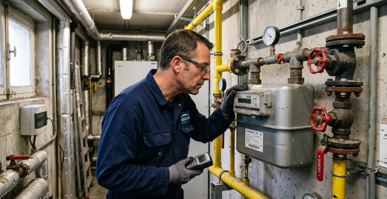Technicien effectuant le relevé d'un compteur de gaz naturel industriel dans une salle technique.