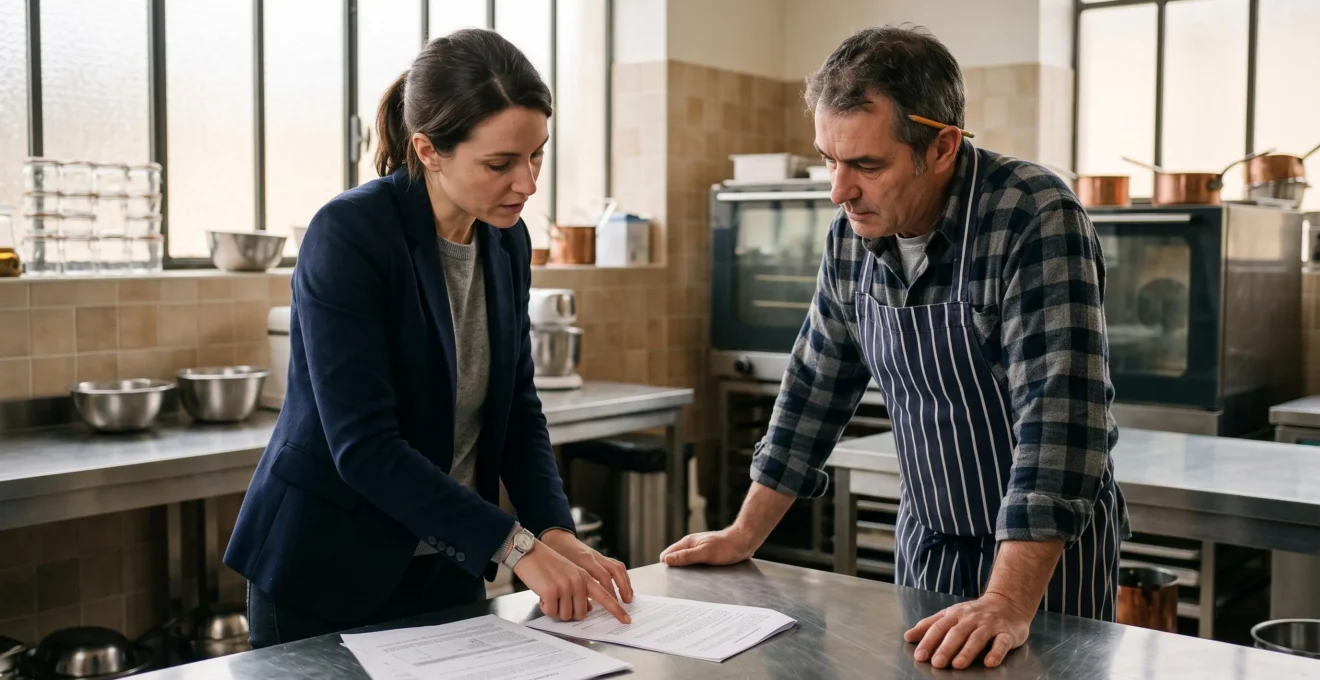 Conseillère en énergie expliquant un contrat d'électricité au dirigeant d'une entreprise artisanale dans son atelier.