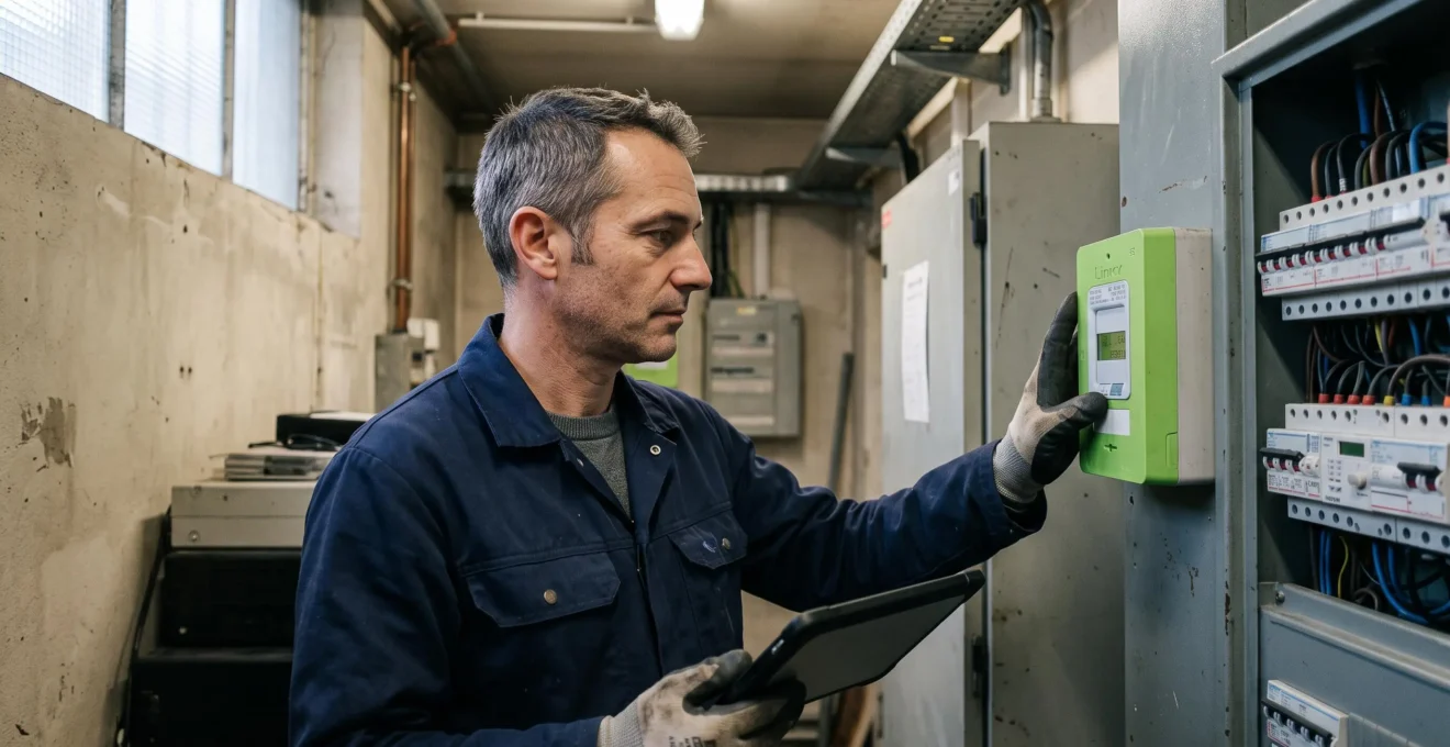 Électricien relevant la consommation sur un compteur électrique communicant dans un local technique d'entreprise.