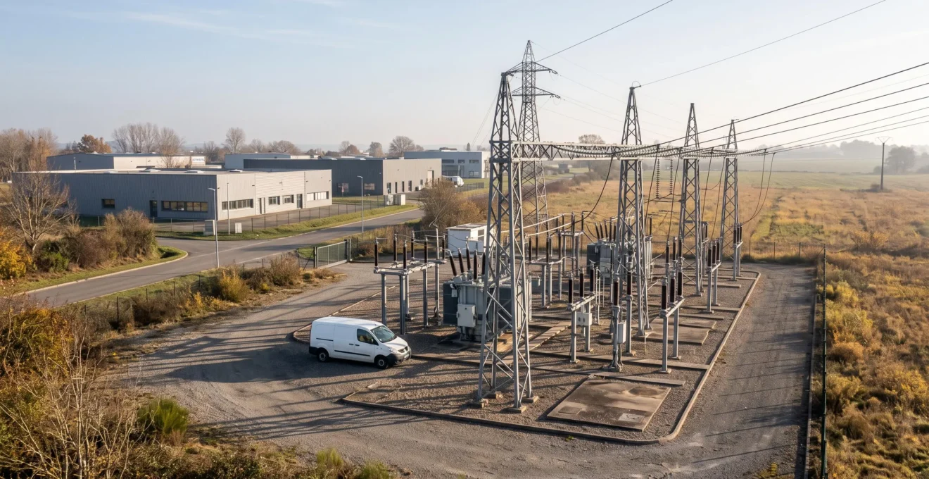 Poste électrique et lignes haute tension en périphérie d'une zone d'activités en France au lever du jour.