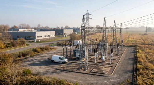 Poste électrique et lignes haute tension en périphérie d'une zone d'activités en France au lever du jour.