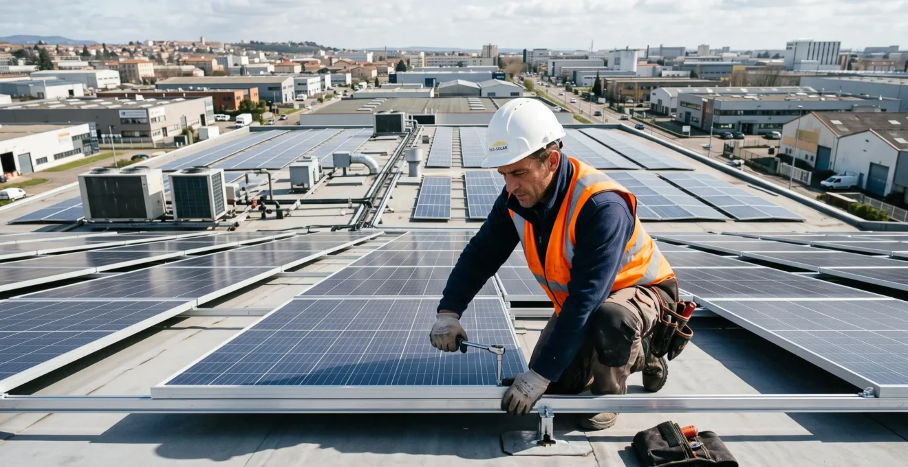 Technicien fixant un panneau photovoltaïque sur la toiture plate d'un bâtiment industriel en France.